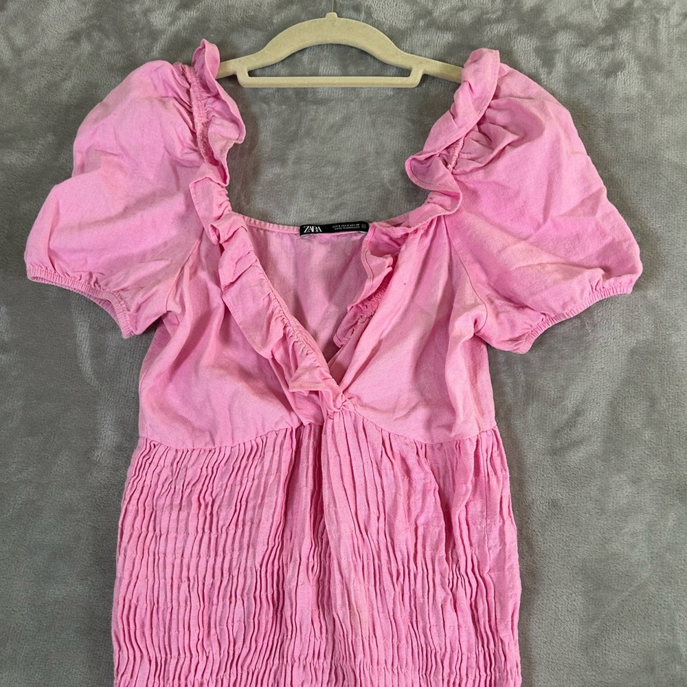 Zara pink smocked linen mini ruffle dress - Picture 6 of 10